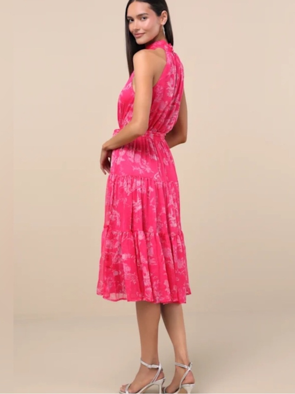 NWOT - Lulu's Hot Pink Floral Print Halter-Neck Tiered Midi Dress - Picture 7 of 11